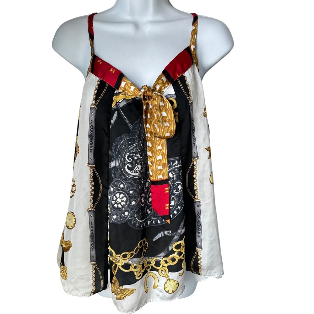 Express Scarf Print‎ Cami Top  Tie Front Chain Gold Accent XS Chic Glam Casual